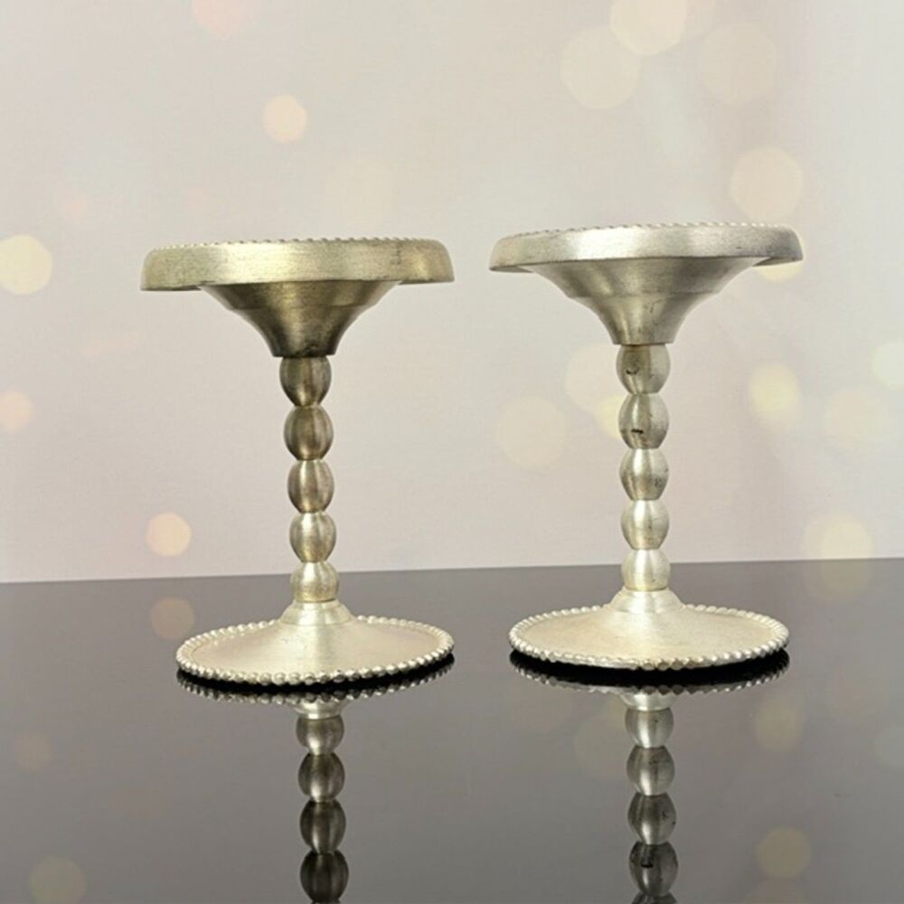 Pair Pewter Tone Metal Pillar Taper Candle Holders Beaded Rim Patina 6 In